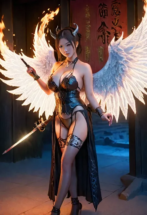 Highest quality, Highly detailed CG Unity 8k wallpaper,Dark fantasy setting,Beautiful female Japanese demon,,Tight clothing,Large Breasts,Burning Devil Wings,Sharp Corners,Have a flaming sword,Cast a Shadow,Standing on top of the temple,Otherworldly power,...