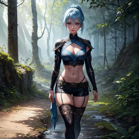 a young girl, 1girl, light blue short ponytail hair, light blue hair!!!, very small breasts, blue eyes, little black tight top, little black tight shorts, full body, full body, walking, dark forest, incredibly sexy body, detailed face, beautiful detailed e...