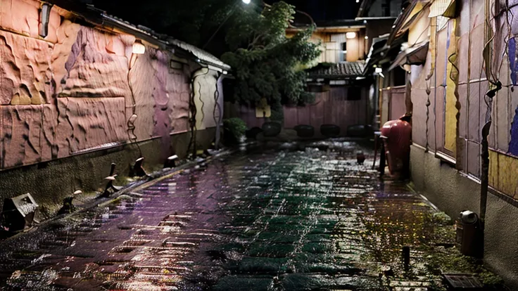 Japan liminal street with rain and lightning 