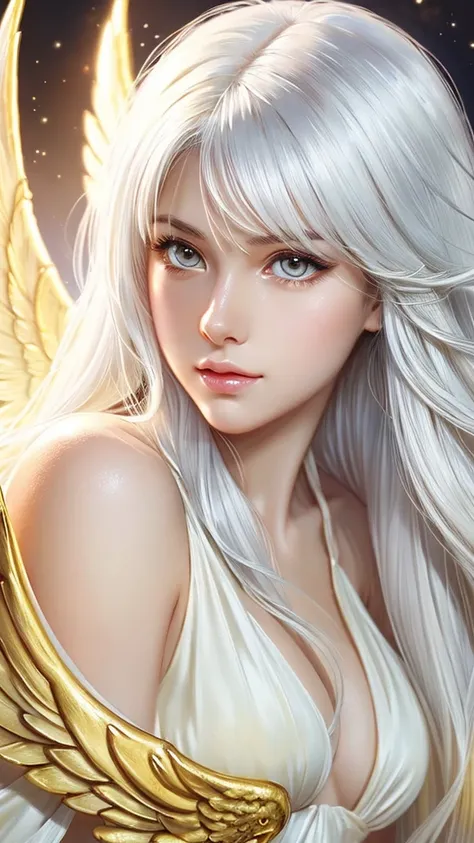 masterpiece, best quality, ultra-detailed, illustration, close-up, straight on, sexy, 1girl, white hair, golden eyes, long hair, halo, angel wings, serene expression, looking at viewer