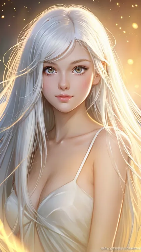 masterpiece, best quality, ultra-detailed, illustration, close-up, straight on, sexy, 1girl, white hair, golden eyes, long hair, halo, angel wings, serene expression, looking at viewer