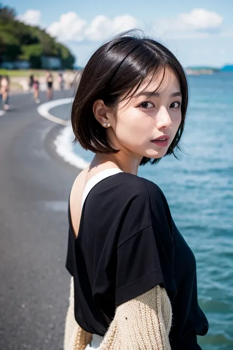 Japanese、Bob、woman、cute、beauty、town、Black clothes、Small face、Irie Sode、Ocean