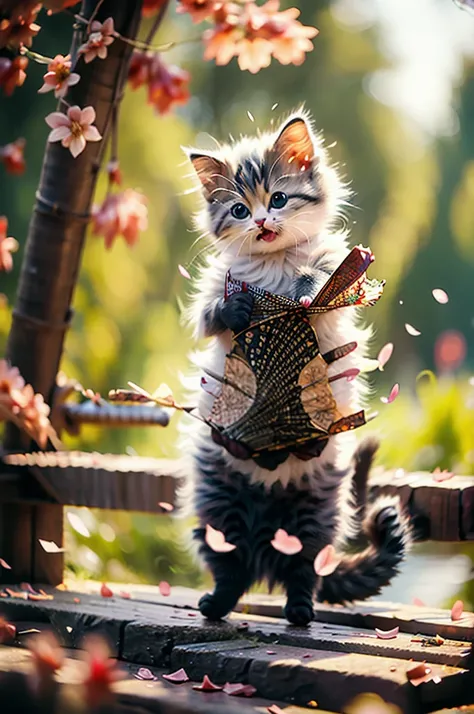 Best quality, masterpiece, ultra high res, raw photo, beautiful and aesthetic,deep shadow, dark theme,(photorealistic:1.4), 
White kitten, Hanfu, happy face, open moth, closed eyes, ((clair obscur, backlight, sunset, petals floating)), 
Graceful poise, evo...