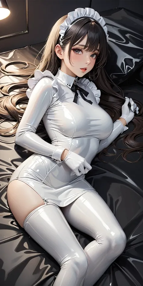 Portraiture、Top-down composition、(masterpiece,Highest quality,Ultra-high resolution),Japanese women, (((Very beautiful 25 year old girl))),(White latex maid outfit)、(White latex long skirt)、(A long-sleeved latex shirt that covers the upper body)、White late...