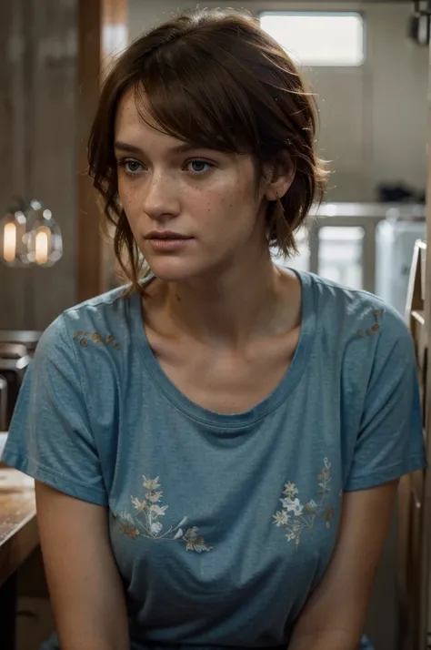 ((best quality)), ((masterpiece)), (detailed), perfect face, exteriors, City, 31 year old woman, similar a ellie de the Last of us 2 y a mackenzie Davis, perfect face, foreground, short chin length hair, moist and loose light reddish brown color, reddish f...