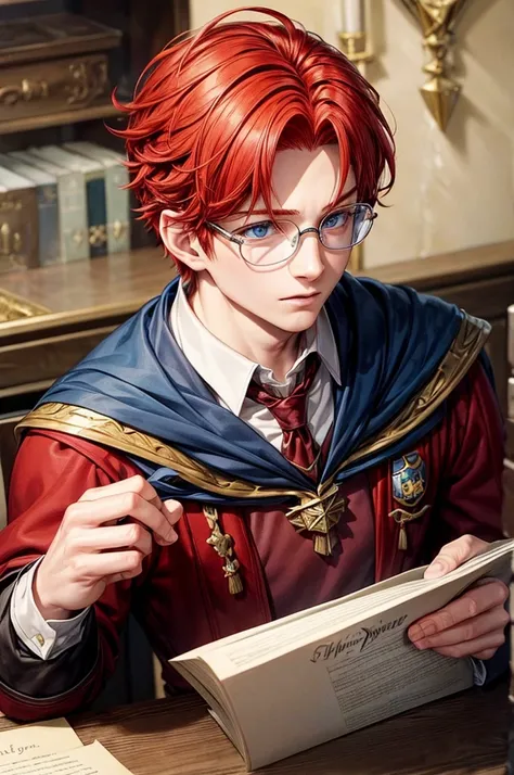 A boy with red hair and blue eyes who has magic from Hogwarts School of Magic. Stays in the Hufflepuff house and wears glasses.