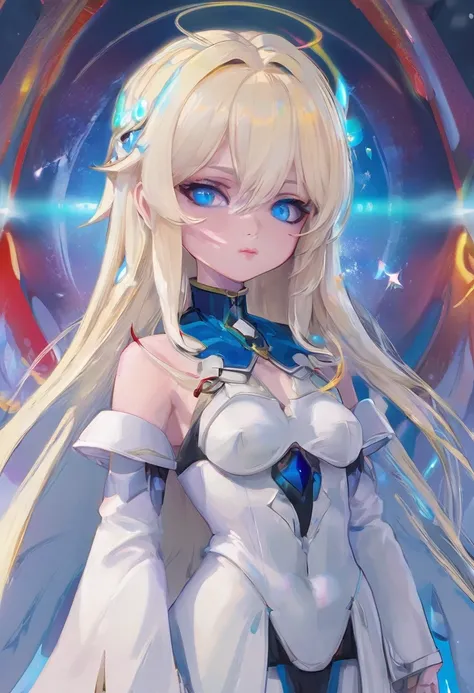 Seraphim, fluffy shoulder-length hair, white platinum blonde, heterochromia, One eye is yellow, the other eye is blue, long square face, thin lips, two strands of different shades of blue and red, tired eyes with small bruises, a scar along the face from l...