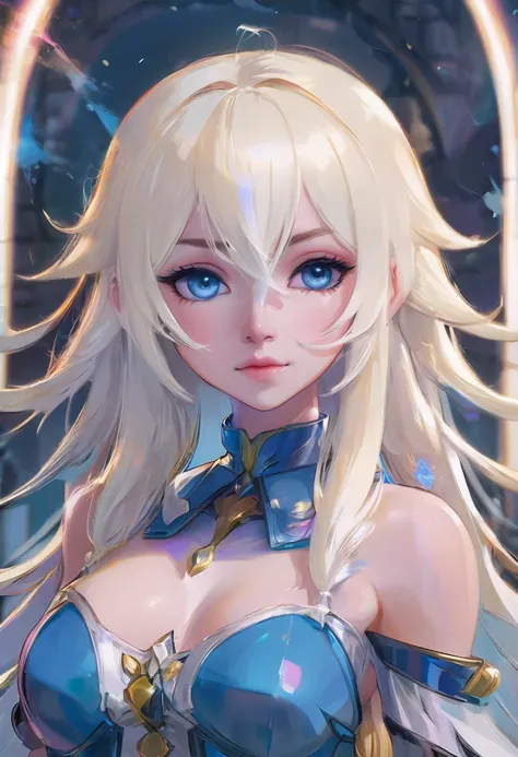 Seraphim, fluffy shoulder-length hair, white platinum blonde, heterochromia, One eye is yellow, the other eye is blue, long square face, thin lips, two strands of different shades of blue and red, tired eyes with small bruises, a scar along the face from l...