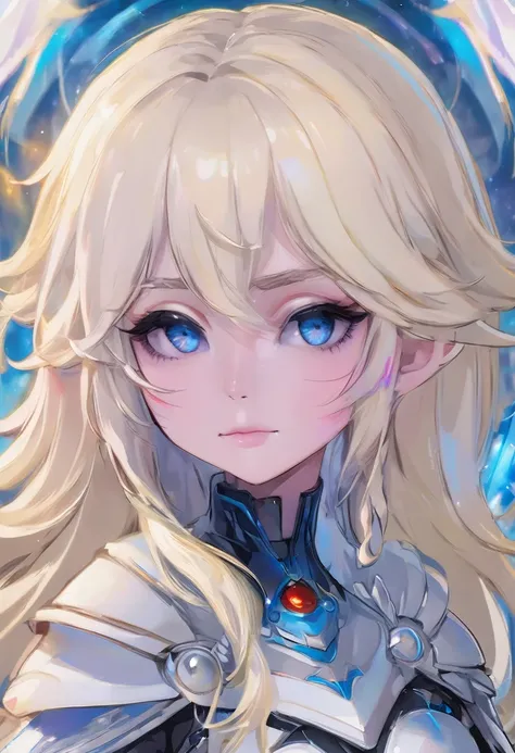 Seraphim, fluffy shoulder-length hair, white platinum blonde, heterochromia, One eye is yellow, the other eye is blue, long square face, thin lips, two strands of different shades of blue and red, tired eyes with small bruises, a scar along the face from l...