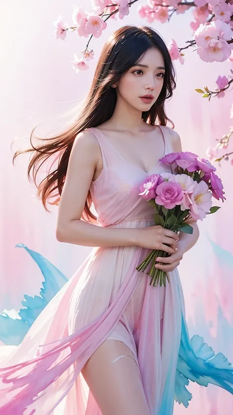 1girl,flower, Lisianthus ,in the style of light pink and light azure, dreamy and romantic compositions, pale pink, ethereal foliage, playful arrangements,fantasy, high contrast, ink strokes, explosions, over exposure, purple and red tone impression , abstr...