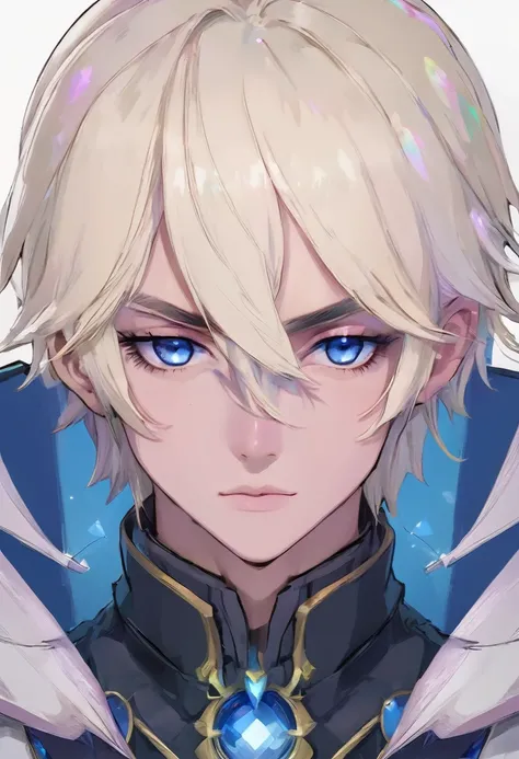 Seraphim,male, adult male, fluffy shoulder-length hair, white platinum blonde, heterochromia, One eye is yellow, the other eye is blue, long square face, thin lips, two strands of different shades of blue and red, tired eyes with small bruises, a scar alon...