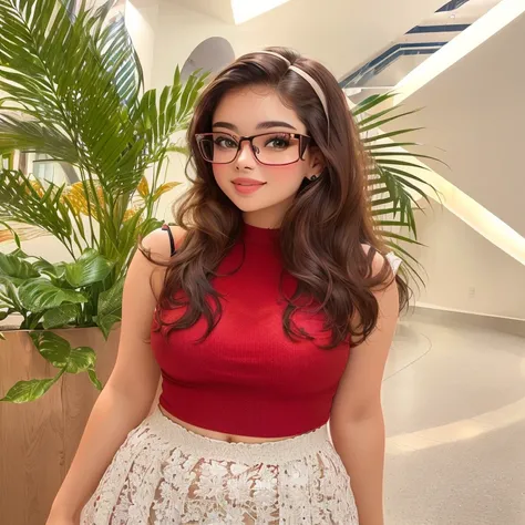 Theres a woman wearing glasses and a red top posing for a photo, With glasses, thick lens glasses,  de 19yearsold, girl With glasses, wearing red blouse, With glasses on, 18 years old, With glasses quadrados, slight nerdy smile, retrato sophie mudd, 19year...