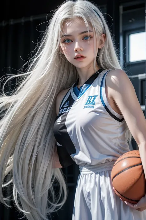 Female teenager with white hair, light blue eyes and white skin wearing a black basketball uniform