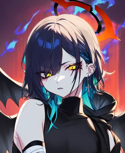 Make me a fallen angel girl. Black wings and black halo. Left eye is purple with slit pupil, and right eye is yellow with a cross pupil. Shes missing her left arm, which is wrapped in a bandage. Short, spiky dark blue hair that is teal underneath, the left...