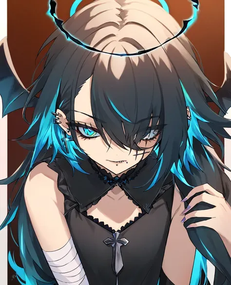 Make me a fallen angel girl. Black wings and black halo. Left eye is purple with slit pupil, and right eye is yellow with a cross pupil. Shes missing her left arm, which is wrapped in a bandage. Short, spiky dark blue hair that is teal underneath, the left...