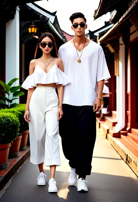 candid fashion photography of ((young man and woman)), both aged 20-25 year old, showcase fashion outfits in a ((white rayon out...