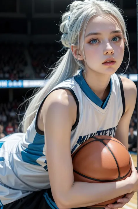 Female teenager with white hair up, light blue eyes and white skin wearing a black basketball uniform