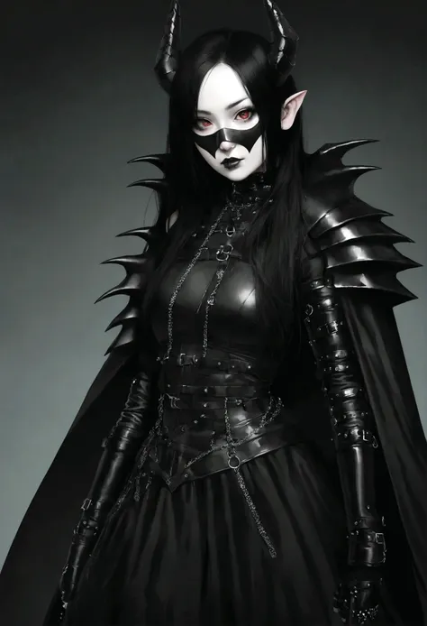 araffe dressed in black with horns and cape holding a black mask, japanese gothic, with black horns instead of ears, darkwave goth aesthetic, black metal aesthetics, wearing modern gothic clothes, with horns, dark, ominous gothic aesthetic, cruel korean go...