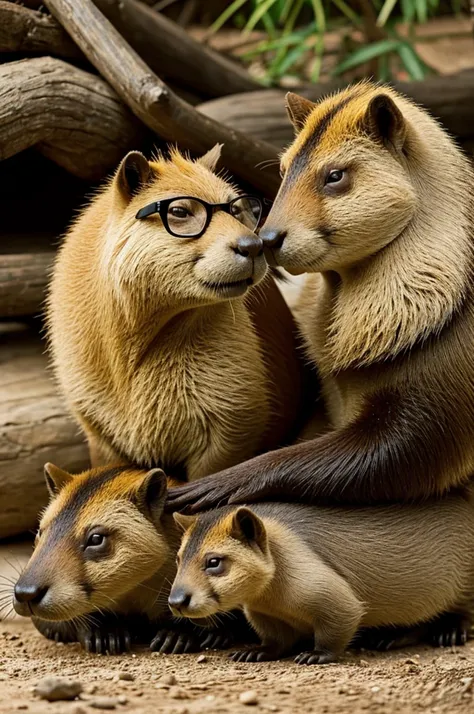 A male capybara and a female honey badger with glasses loving each other