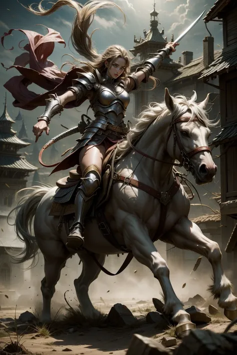 sexy swordsman knight woman riding on a horse on the battlefield