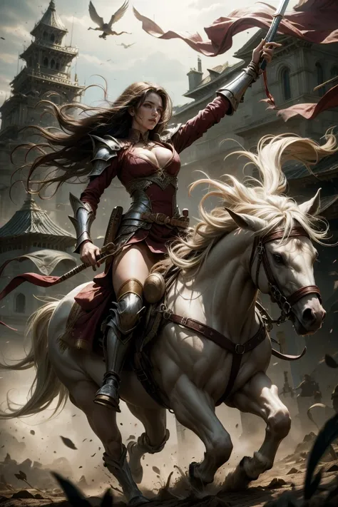 sexy swordsman knight woman riding on a horse on the battlefield