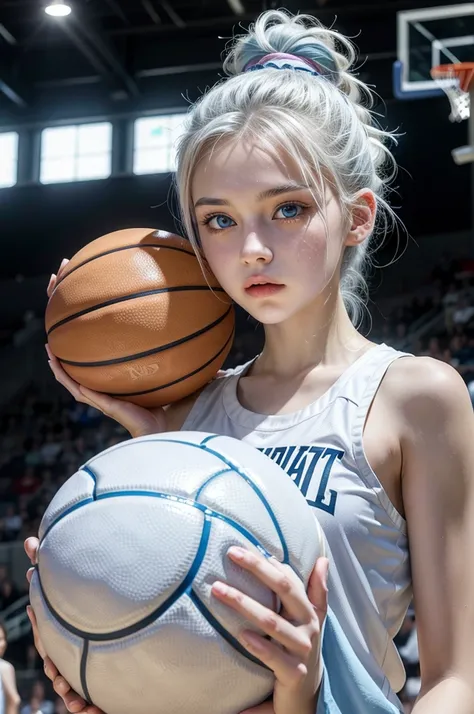 Female teenager with white hair up, light blue eyes and white skin playing basketball