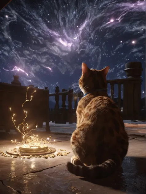 starscourgexl cat,scenery with glowing falling electricity stars in the background,awardwinning,masterpiece,((realistic)),128k u...