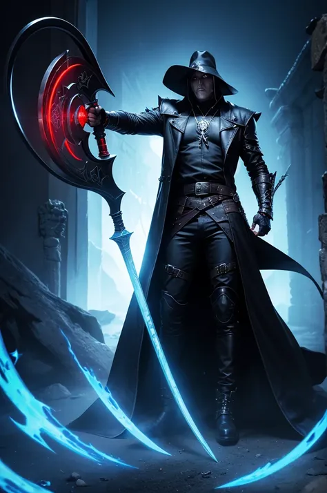 God reaper of souls, holding a giant scythe in his right hand, scary leather outfit, with a red cape on his back, blue aura emanating from his muscular body, holding an hourglass in his left hand, wearing hat with a scary Dark dog emanating an aura on the ...