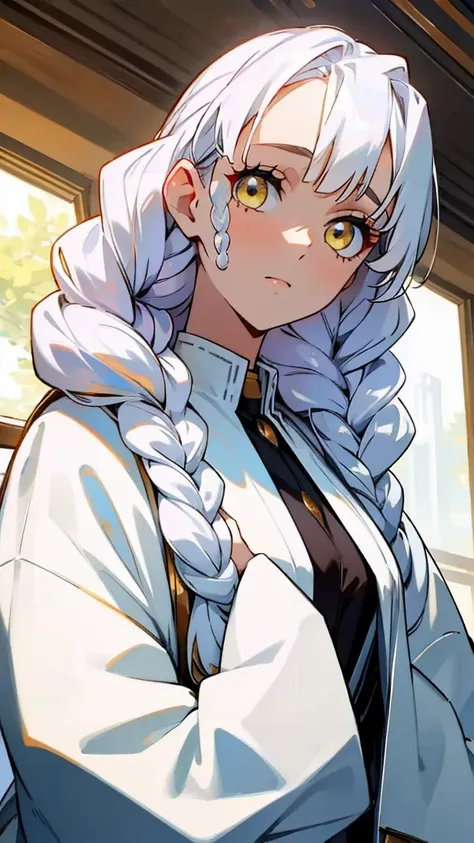 best quality, masterpiece,white hair, gold eyes,white clothes, looking up, upper body,hair strand,Fair skin,side braids