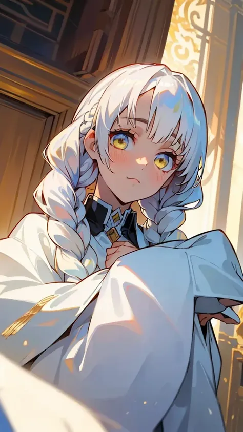 best quality, masterpiece,white hair, gold eyes,white clothes, looking up, upper body,hair strand,Fair skin,side braids