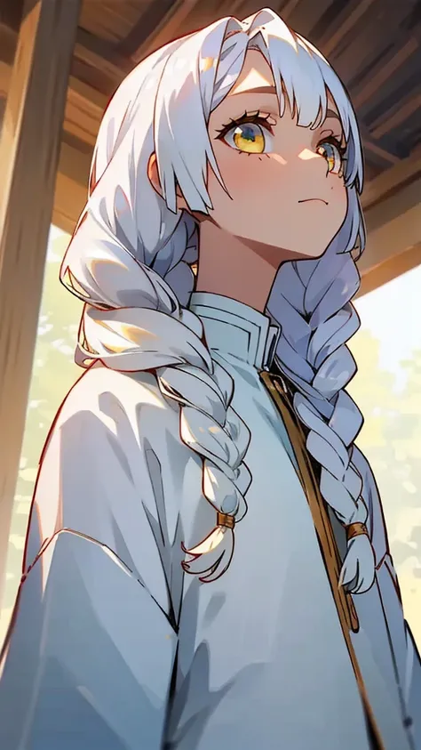 best quality, masterpiece,white hair, gold eyes,white clothes, looking up, upper body,hair strand,Fair skin,side braids