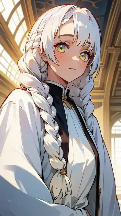 best quality, masterpiece,white hair, gold eyes,white clothes, looking up, upper body,hair strand,Fair skin,side braids