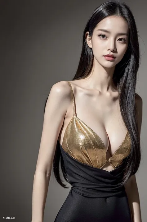 ((Highest quality, 8K, Tabletop)), Perfectly balanced facial features, A beautiful face like a top Chinese star, Beautiful woman with perfect body, A woman with a body as beautiful as a super fashion model, Slim abdomen, Black long dress, whole body, (leng...