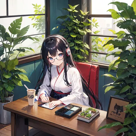 japanese anime girl、From the chest up、coffee、Cat、Window、Foliage plant、8K、headphone、Glasses、My eyes are at the window