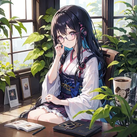 japanese anime girl、From the chest up、coffee、Cat、Window、Foliage plant、8K、headphone、Glasses、My eyes are at the window