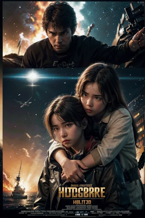 masterpiece in 8k, action movie poster, futuristic genre, the protagonist hugs a girl, in the background a ship, explosions, A planet, in front the title of the movie