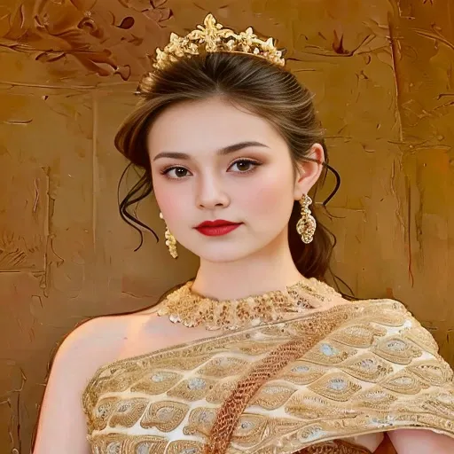 Aarav woman in a gold dress, with a gold crown and a gold necklace., Dilraba Dilmurat, Beautiful Fantasy Empress, traditional beauty, beautiful female princess, Southeast Asia that has existed for a long time, ((Beautiful Fantasy Empress)), Princess of an ...