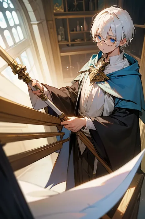 A boy with white hair and blue eyes who has magic from Hogwarts School of Magic. Stays in the Hufflepuff house and wears glasses.