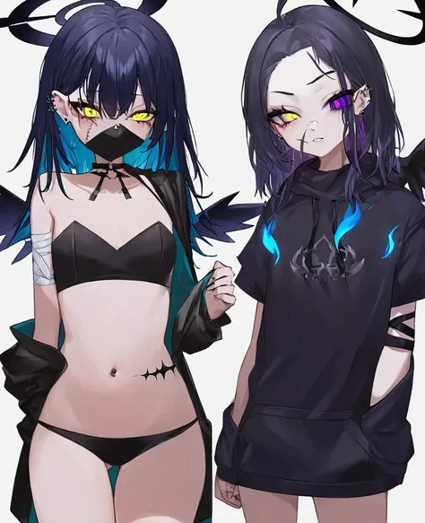 Make me a fallen angel girl. Big black angel wings and black halo. Left eye is purple with slit pupil, and right eye is yellow with a cross pupil. She doesnt have her left arm, which is wrapped in a bandage. Short, spiky dark blue hair that is teal underne...