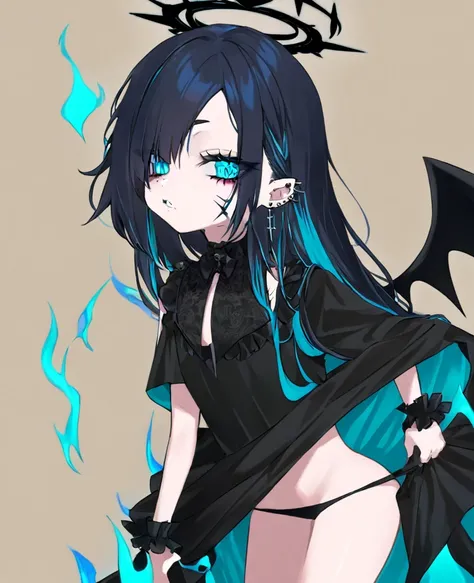 Make me a fallen angel girl. Big black angel wings and black halo. Left eye is purple with slit pupil, and right eye is yellow with a cross pupil. She doesnt have her left arm, which is wrapped in a bandage. Short, spiky dark blue hair that is teal underne...