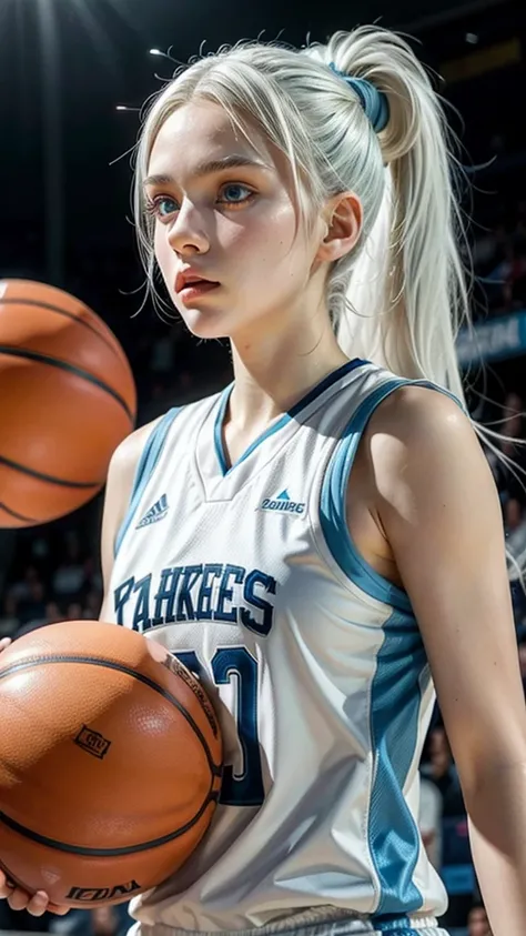 Female teenager with white hair up, light blue eyes and white skin playing professional basketball 