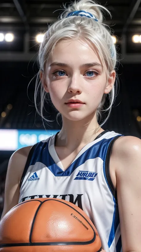 Female teenager with white hair up, light blue eyes and white skin playing professional basketball 