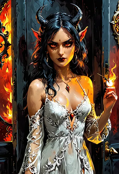 (facial portrait: 1.5), epic good looking succubus wearing a (white lace: 1.2) dress (intense details, Masterpiece, best details: 1.6), (wearing elegant stylish yellow rimmed glasses:1.1) (intricate details, Masterpiece, best details: 1.6), ((red skin: 1.5...