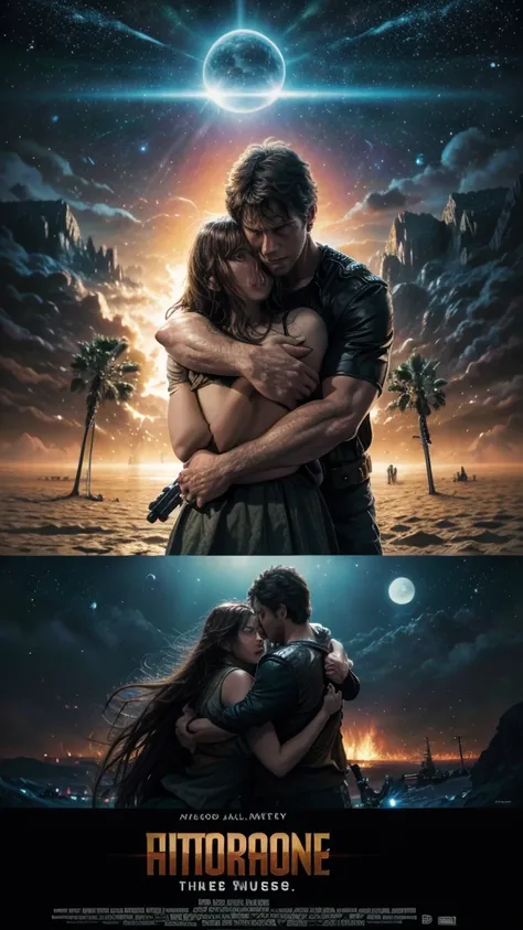 masterpiece in 8k, action movie poster, the protagonist hugs a girl, explosions, a planet, in front the title of the movie