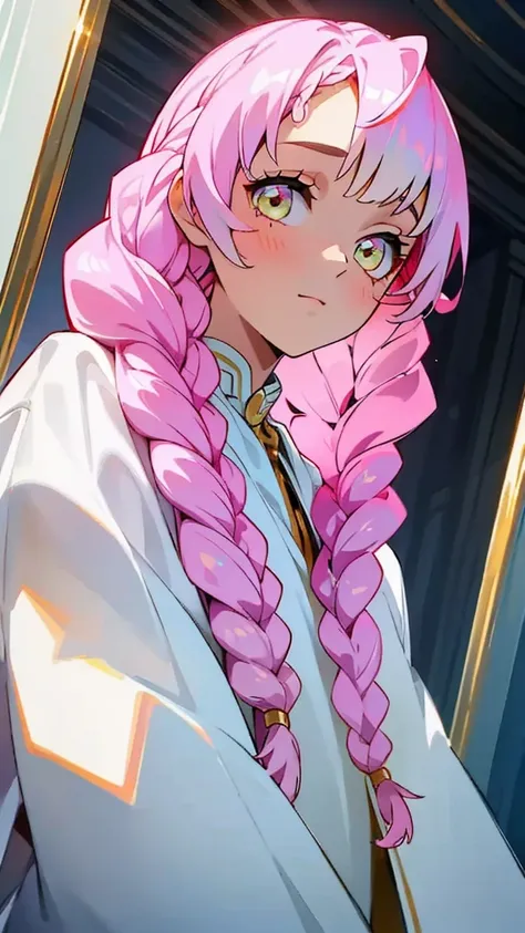 best quality, masterpiece,white pink, gold eyes,white clothes, looking up, upper body,hair strand,Fair skin,side braids