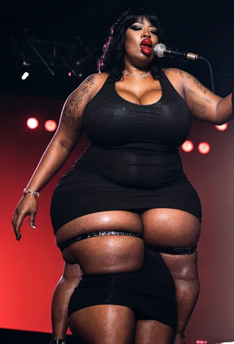 Busty 250 pound obese  ((black female rapper on stage with a man Deejay:1.4)).  She has (( unreal, oversize, large saggy tits showing massive gross cleavage:1.1)) and holding a (microphone on a stand:1.1). ((she is wearing makeup, dark red lipstick, a cros...