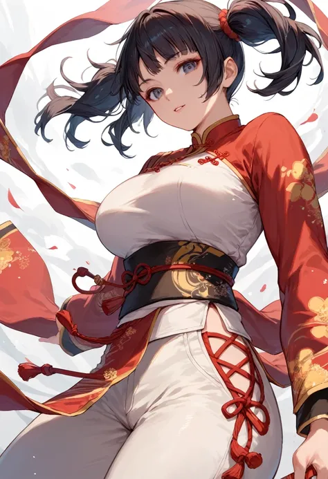 1girls,fighter(dq3),black hair,short twintails,large breasts, looking at viewer,chinese clothes,long sleeves, sash, pants, score_9,score_8_up,score_7_up,score_6_up,score_5_up,score_4_up,