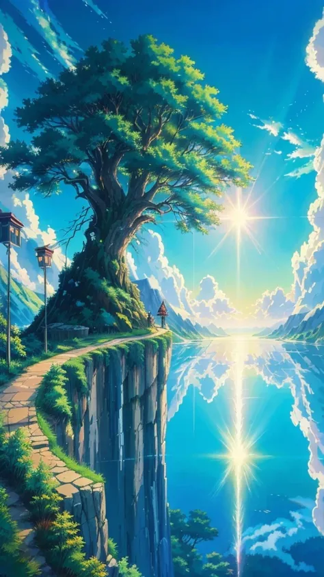 a painting of a tree on a cliff overlooking a lake, anime beautiful peace scene, anime nature wallpap, anime nature, made of tree and fantasy valley, dream scenery art, anime landscape wallpaper, beautiful anime scenery, amazing wallpaper, scenery artwork,...