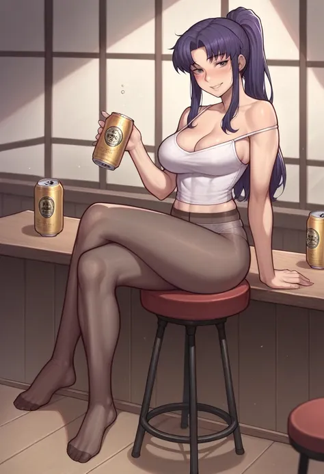 _asura style, 1girl, katsuragi_misato, breasts, solo, can, beer_can, sitting, purple_hair, crossed_legs, large_breasts, looking_at_viewer, ponytail, stool, beer, long_hair, holding_can, alcohol, holding, strap_slip, pantyhose, drunk, underwear, panties, ca...