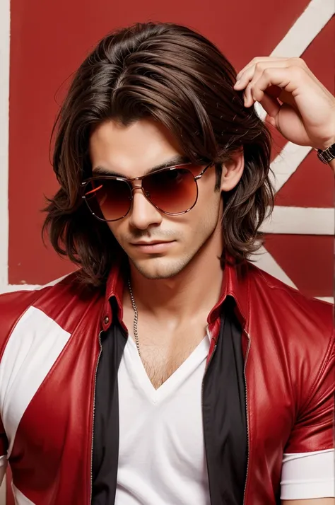 Cool haire style boy with sunglasses and red and white dress classical background 